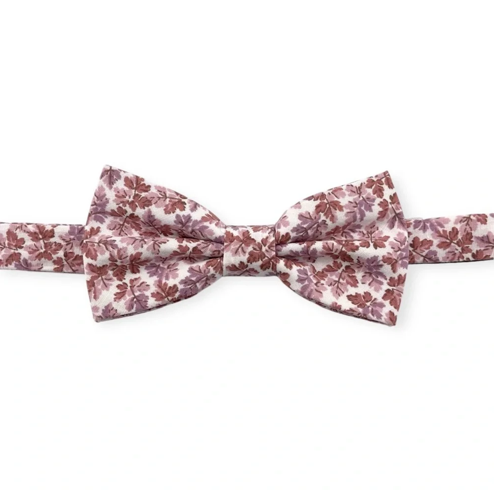 White w/ Mauve & Dusty Pink Foliage Pattern Pre-Tied Boys Bow Tie